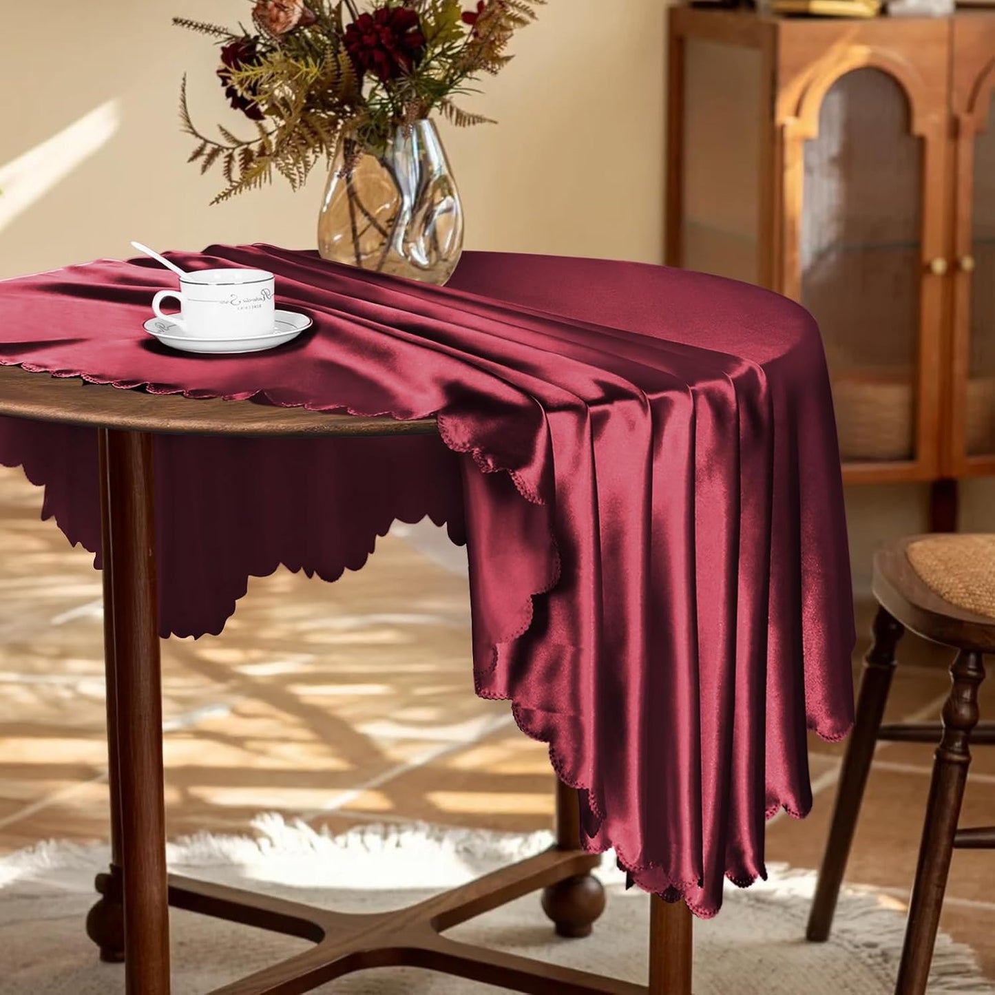 KKJIAF 1 Pack Round Table Cloths 90 Inch, Burgundy Overlay Round Satin Table Cover, Silky Satin Dining Tablecloths for Wedding Buffet Parties Banquet Decoration