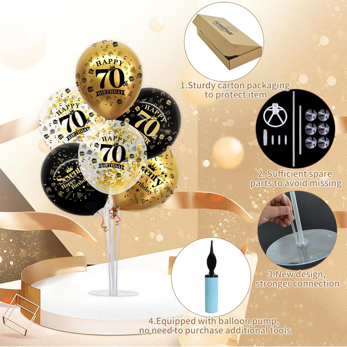 TONIFUL 4 Set Black Gold Balloon Stand Kit for Birthday Decorations for 70th,Balloon Centerpieces for Table Party Decorations Cheers to 70 Years Old Birthday for Men and Women