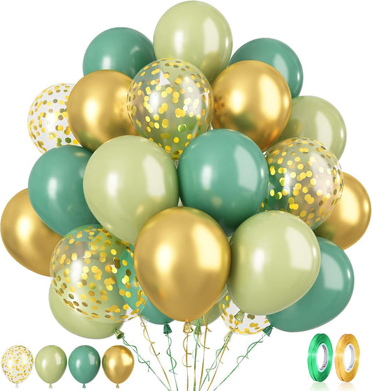 Paready Sage Green Gold Balloons, 60 Pcs 12 Inch Retro Green and Metallic Gold Confetti Balloons, Retro Avocado Party Balloons for Jungle Birthday Baby Shower Animal Wild Theme Decoration Wedding