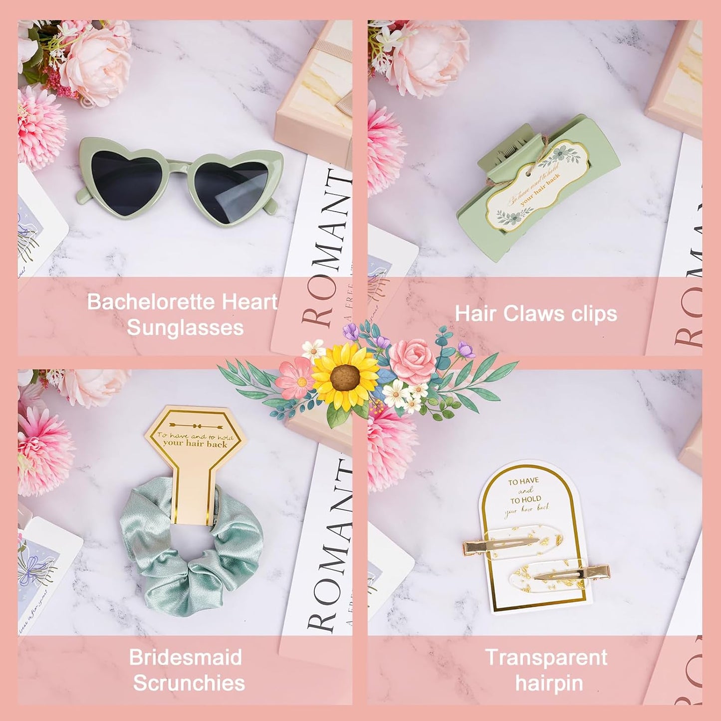 Sage Green Bridesmaid Gifts for Proposal, 12PCS Girls Gift Set with Hair Claws, Scrunchies, Makeup Clips & Heart Sunglasses, Wedding Bachelorette Party Favors, Birthday Gifts for Women Teens