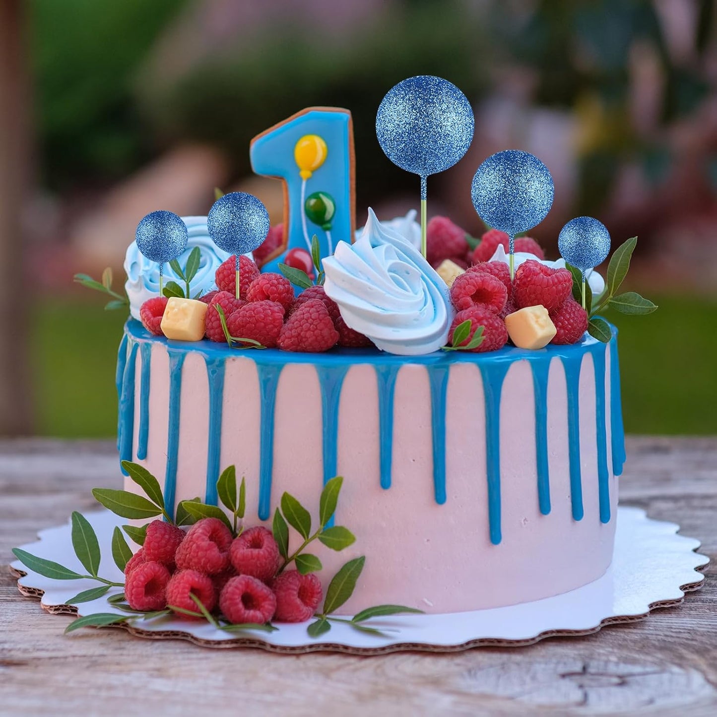 ASTARON 20 Pcs Ball Cake Topper Decorations Mini Cake Balloons Sticks Blue Glitter Cake Topper Balls for Graduation Wedding Birthday Cake Decorations