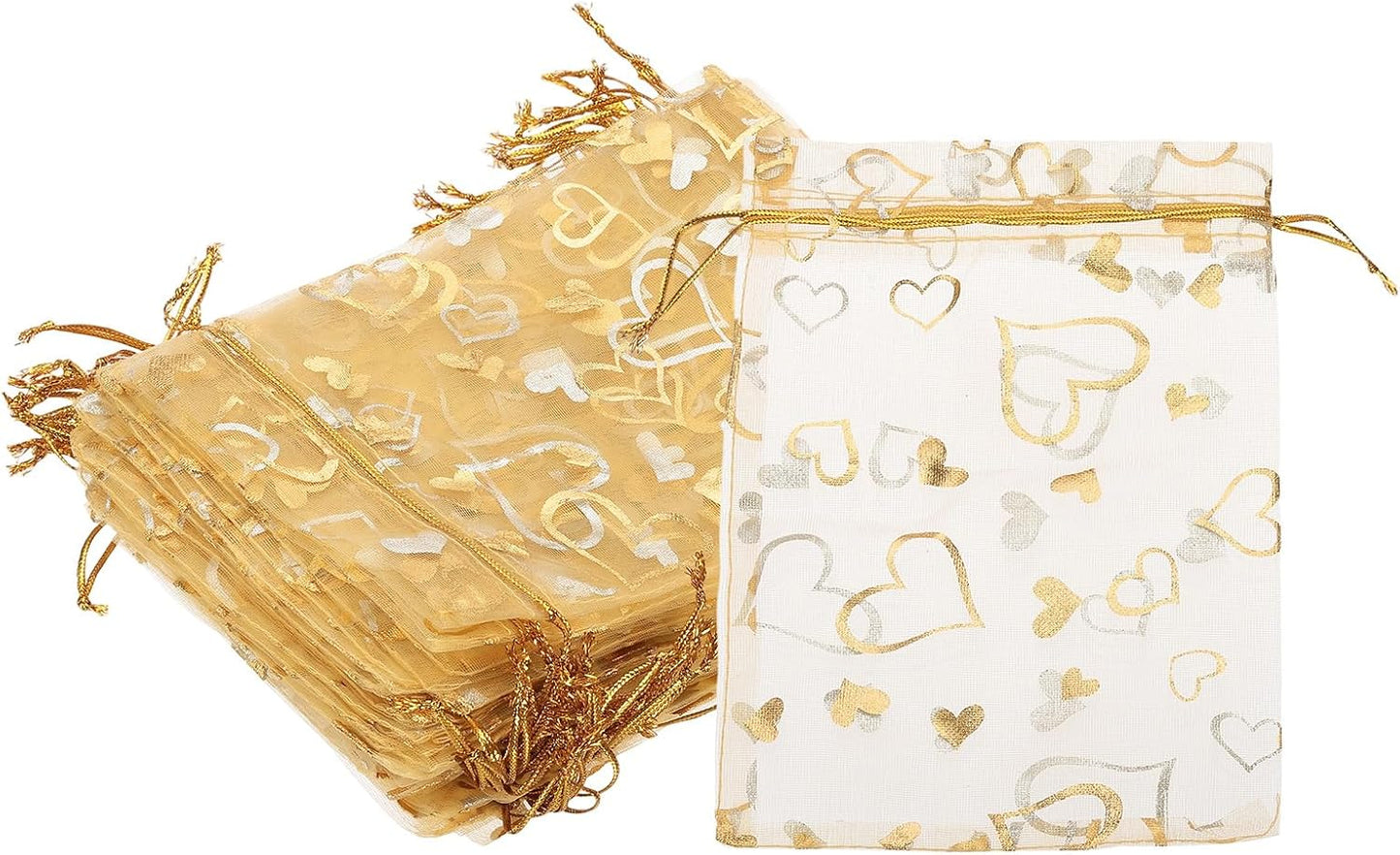 PATIKIL 100 Pcs 5x7 Inch Heart Printed Organza Bags, Gold Sheer Heart Organza Bags with Drawstring for Christmas Candy Jewelry Party Wedding Favor Gift