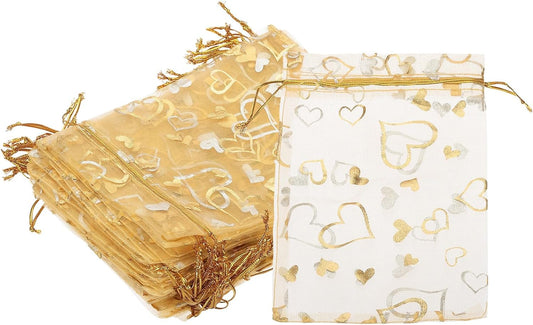 PATIKIL 100 Pcs 5x7 Inch Heart Printed Organza Bags, Gold Sheer Heart Organza Bags with Drawstring for Christmas Candy Jewelry Party Wedding Favor Gift