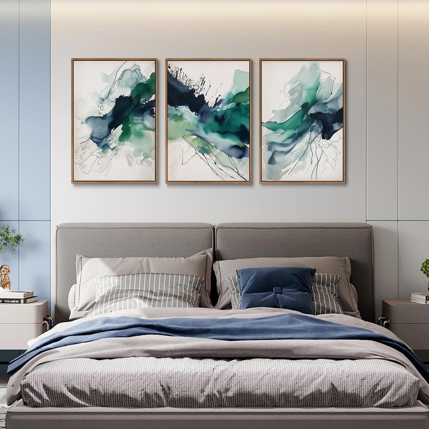 myusuar 3 Piece Large Abstract Framed Wall Art For Living Room, Smoke Texture Ink Emerald Green Canvas Wall Art Modern Minimalist Art Prints Wall Décor For Bedroom Office 24x36in