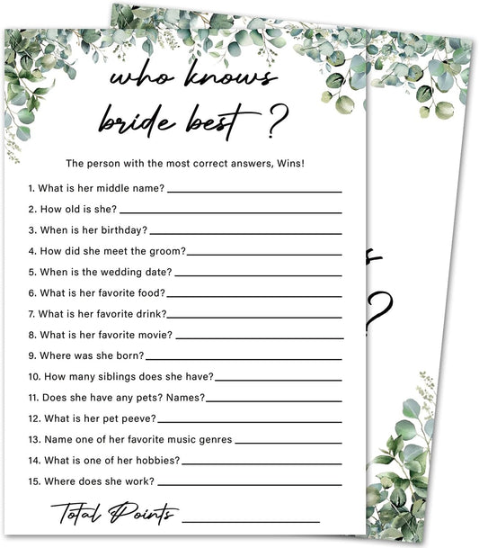 Eucalyptus Bridal Shower Game Cards - Who Knows Bride Best, Wedding Engagement Bachelorette Party Bridal Shower Games for 30 Guests, Double Sided Cards Set of 30, Activity Supplies & Favor/A11