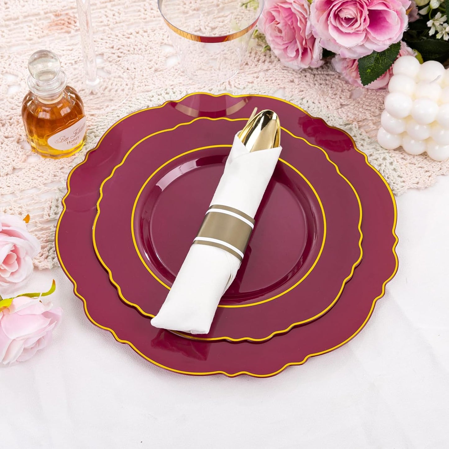 Liacere 350PCS Red Plastic Plates-Disposable Burgundy Red and Gold Plates 50guest Baroque Plastic Dinnerware include 100Plates, 50Pack Pre Rolled Napkins with Silverware 50Cups for Girlfriends' Day