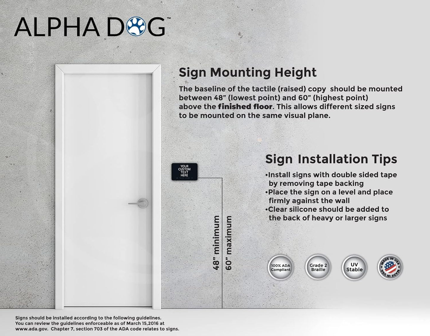 ALPHA DOG ADA SIGNS Custom ADA Compliant Braille Sign, 6"x9" Room Identification Plaque, Tactile Text, Raised Letters, Personalized 4-Line, Indoor/Outdoor, USA-Made (Black)