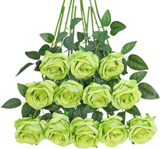 Tifuly Green Roses Artificial Flowers -12Pcs Realistic Single Long Stem Fake Silk Roses Bouquet for Party Home Wedding Centerpiece Hotel Office Decor
