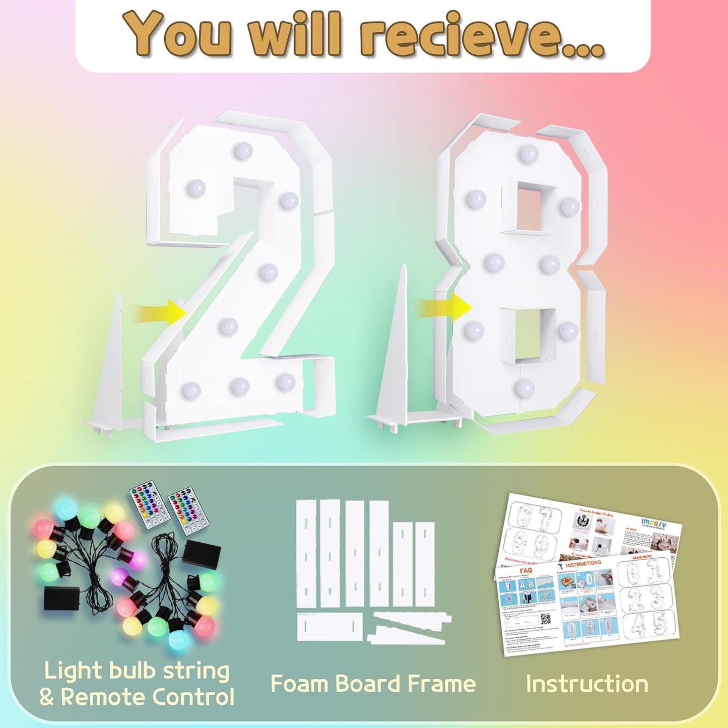 Marquee Numbers 28th-Birthday Decoration: Colorful 3FT Large Light Up 28 Year Old Birthday Decorations Anniversary Backdrop for Boys Girls Cardboard Sign 18 Colors Number 28 Mosaic Balloon Frame