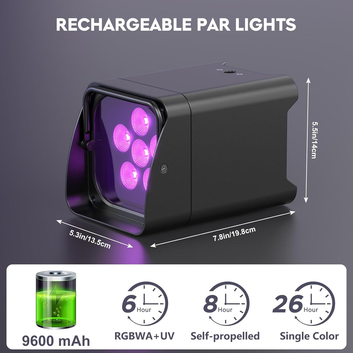 9600mAh Wireless Uplights, 6x18W RGBWA UV Rechargeable Stage Lights, APP/DMX512/Remote Controlled Par Lights, Battery Powered Uplights for Show, Party, Festival, Event, 6 Pack