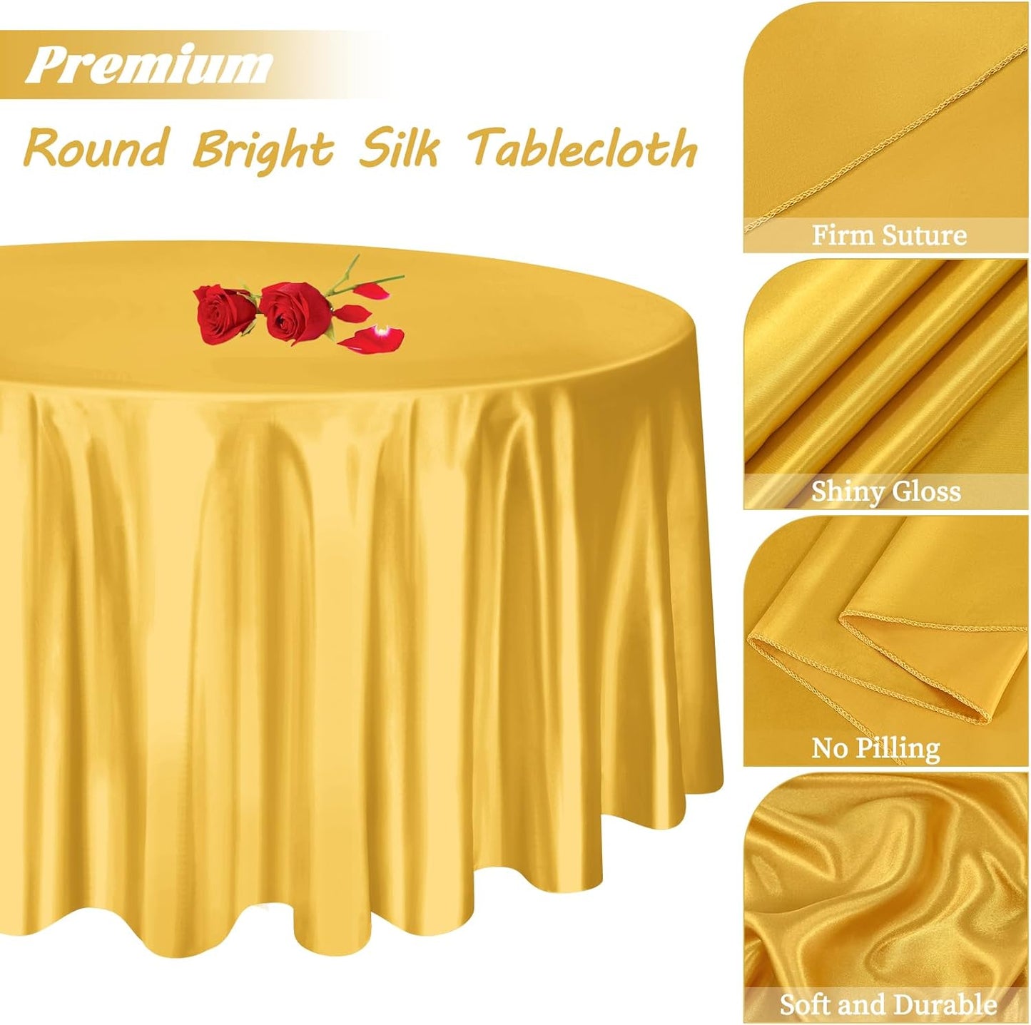 12 Pack 108 Inch Gold Satin Tablecloth - Silky Round Tablecloth Overlay Smooth Fabric Table Cover, Bright Table Decoration for Wedding Party Banquet Events Restaurant Kitchen Dining
