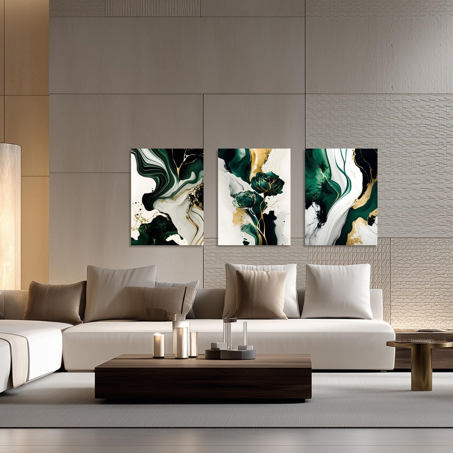 IAFWZX Framed Green Gold Abstract Wall Art, Emerald Marble Textured Wall Decor, Contemporary Line Flower Canvas Paintings, Abstract Floral Poster Prints for Living Room Bedroom Office 12"x16"x3