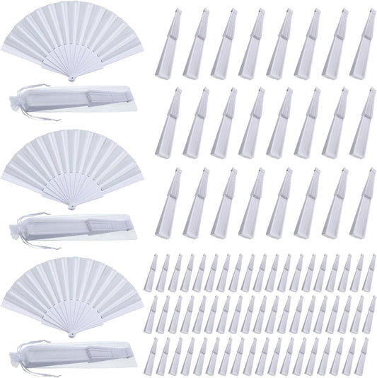 Wenqik 80 Pcs Wedding Folding Hand Fans Bulk Silk Fabric Chinese Handheld Foldable Clack Fans with Plastic Ribs for Party, Wedding Gifts, Line Dancing, Home Decorative (White)