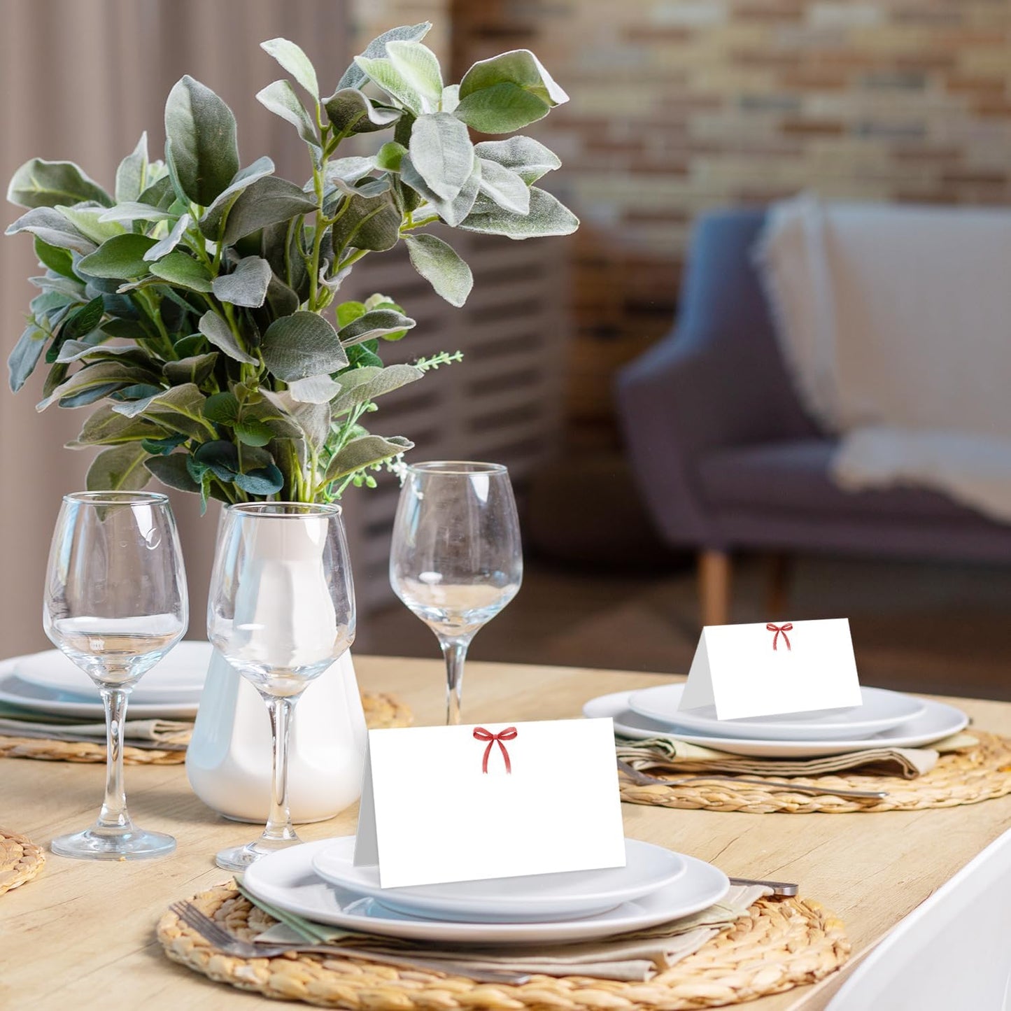 25 Pack Red Bow Place Cards, Editable Name Cards for Table Setting, Cute Tent Cards Food Label for Dinner Party, Bridal Shower, Wedding, Baby Shower and Events -T33