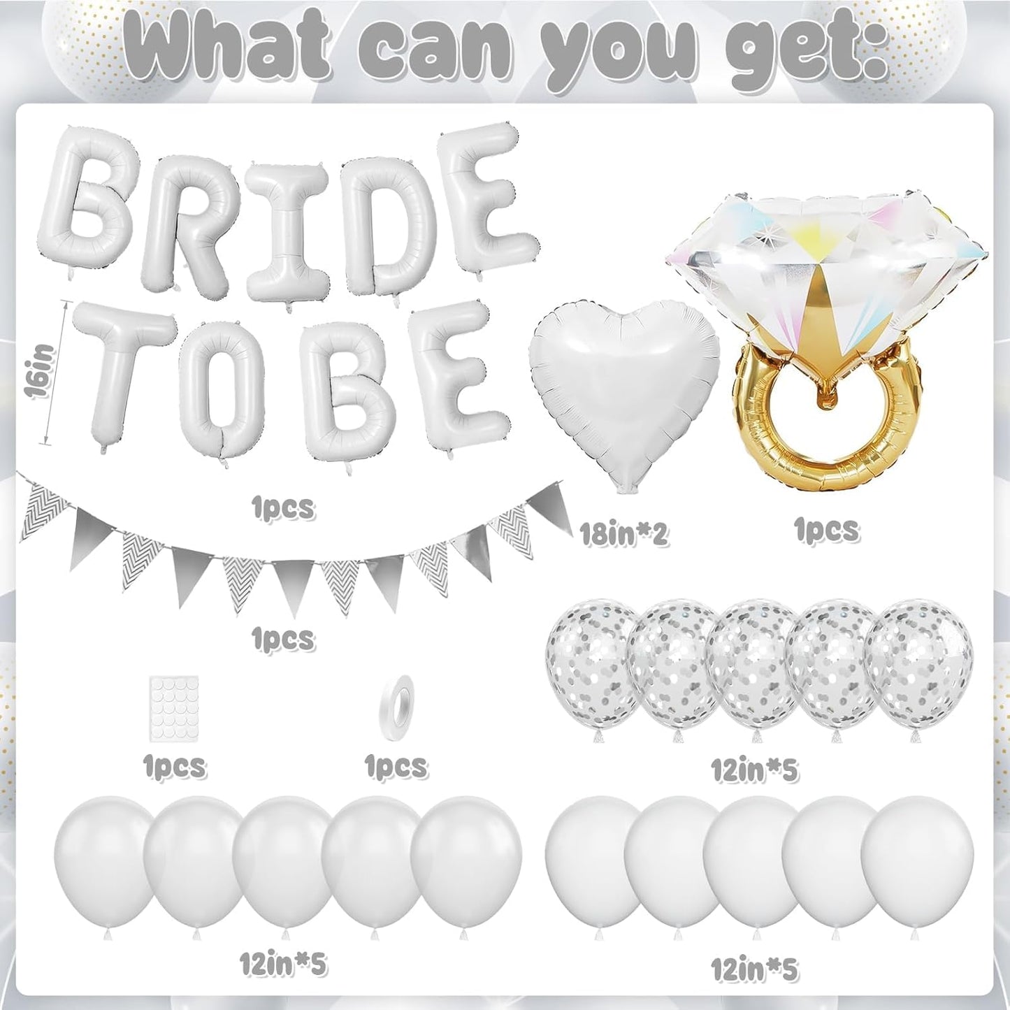 White Bachelorette Party Decorations, White Bride To Be Bridal Shower Balloons Decorations, Silver Confetti Balloon with Diamond Ring Heart Balloon for Bachelorette Engagement Wedding
