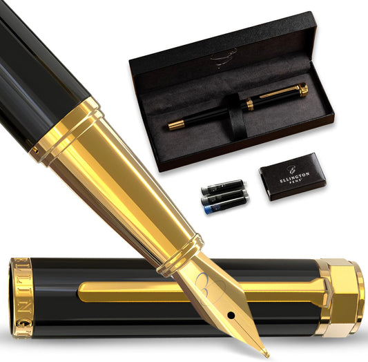 Ellington Pens Luxury Fountain Pen Set- Fountain Pens for Writing - Smooth Medium Nib - Includes Refillable Ink Converter, 3 Ink Cartridges [Black & Blue], Gift Box - Elegant Calligraphy