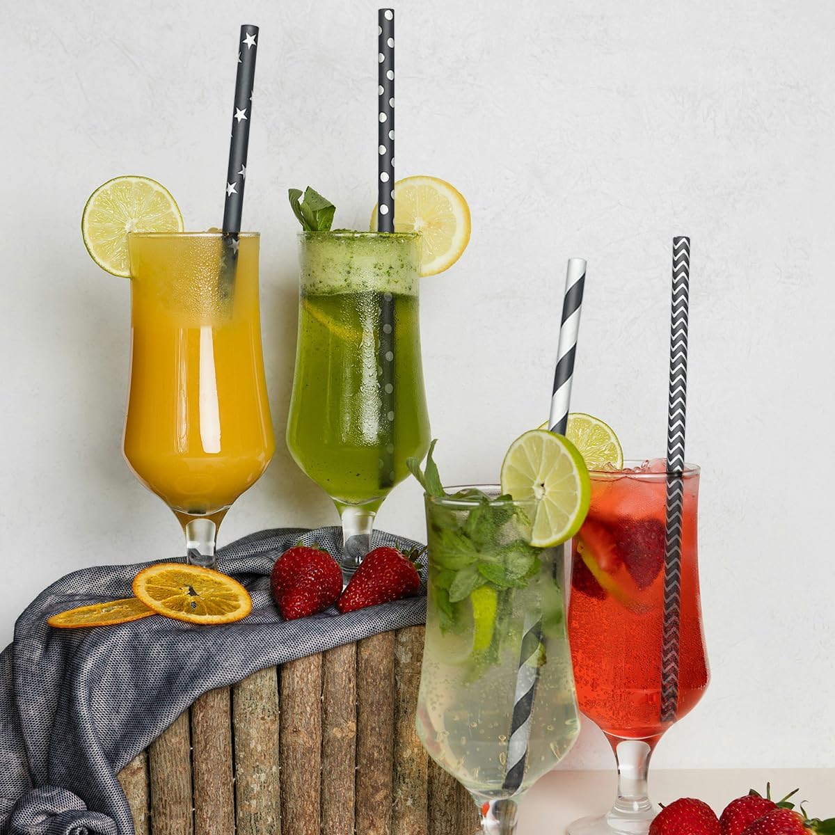 200 Black Straws, Biodegradable Black and White Paper Striped Straws for Birthdays, Coffee, Cocktail, Lemonade, DIY Decorations, Party Supplies, Weddings, New Year, Halloween, Christmas