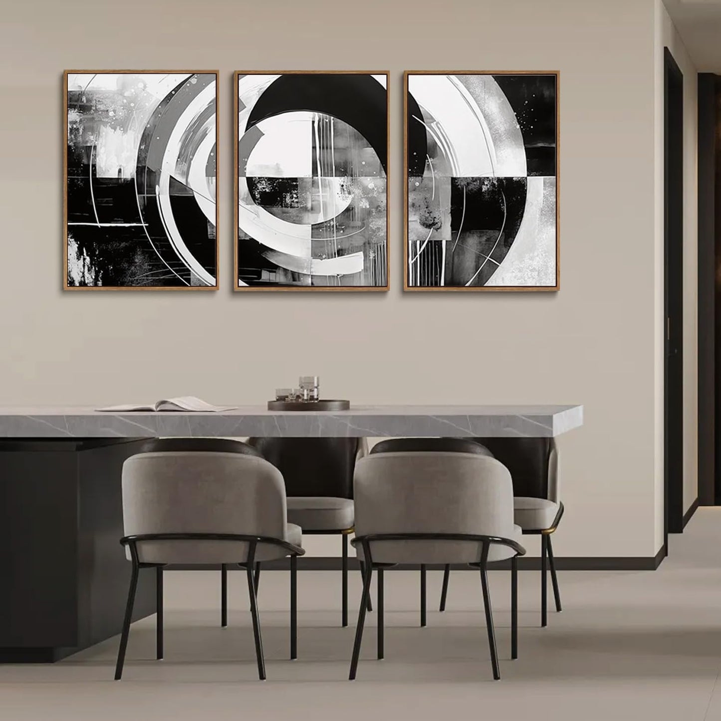 myusuar 3 Piece Large Modern Abstract Canvas Framed Wall Art For Living Room, Black And White Rings Minimalist Wall Art Decor Posters Prints For Bedroom Office, 16x24in