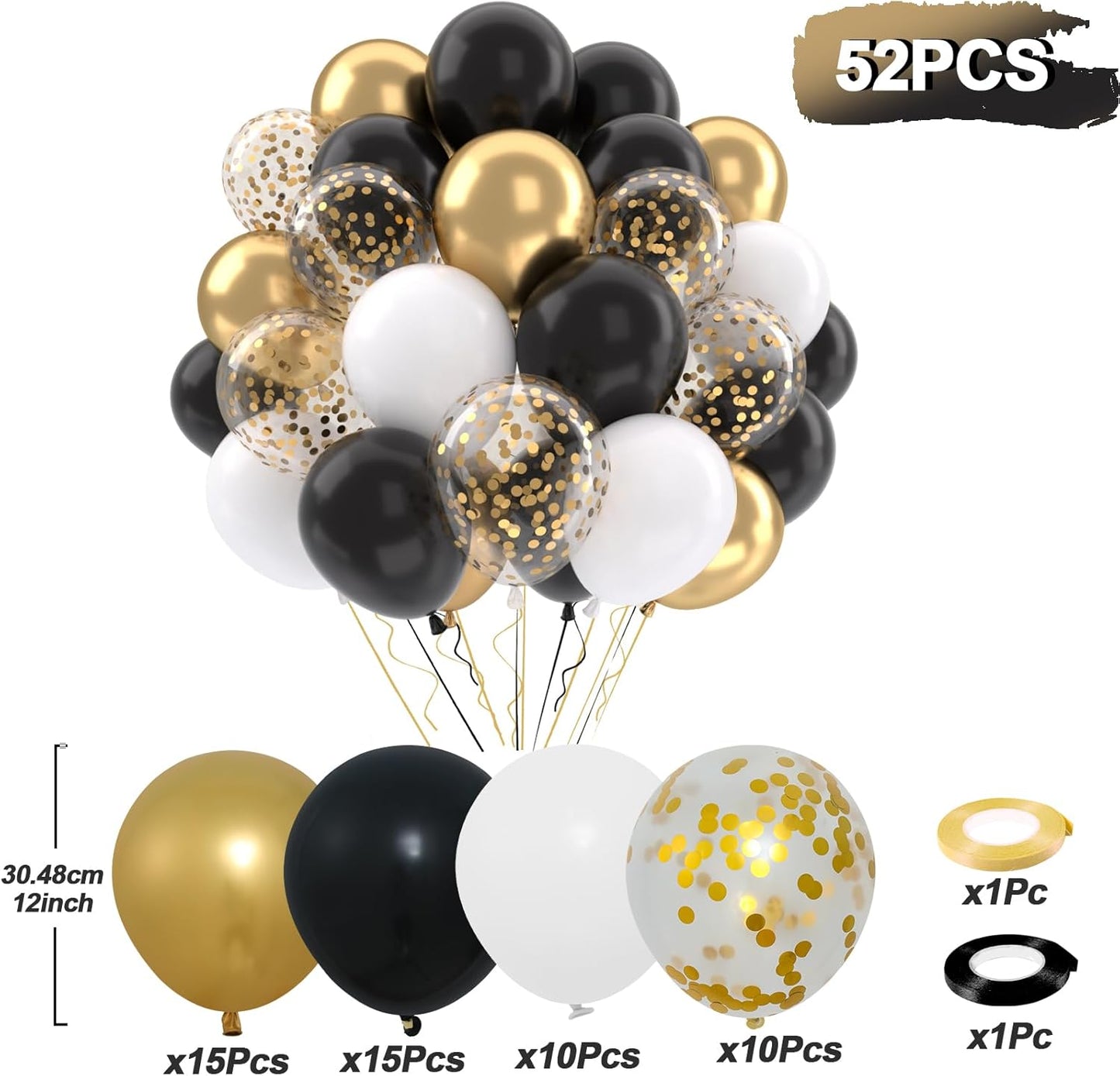 Patimate Black Gold Confetti Balloons Set, 50 pcs 12 inch Metallic Gold Black White Confetti Latex Balloons Kit for Birthday Wedding Graduation New Years Anniversary Party Decorations