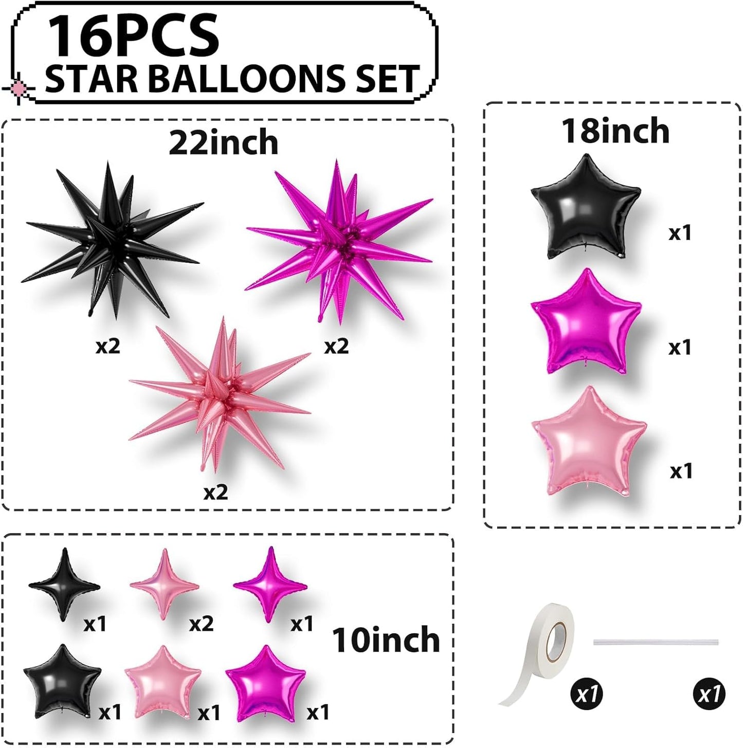 16 Pcs Black Hot Pink Star Balloons, 22/18/10 Inch Foil Balloons, Four-Pointed Balloon for Girl Mermaid Birthday Graduation Wedding Baby Shower Magic Party Decorations