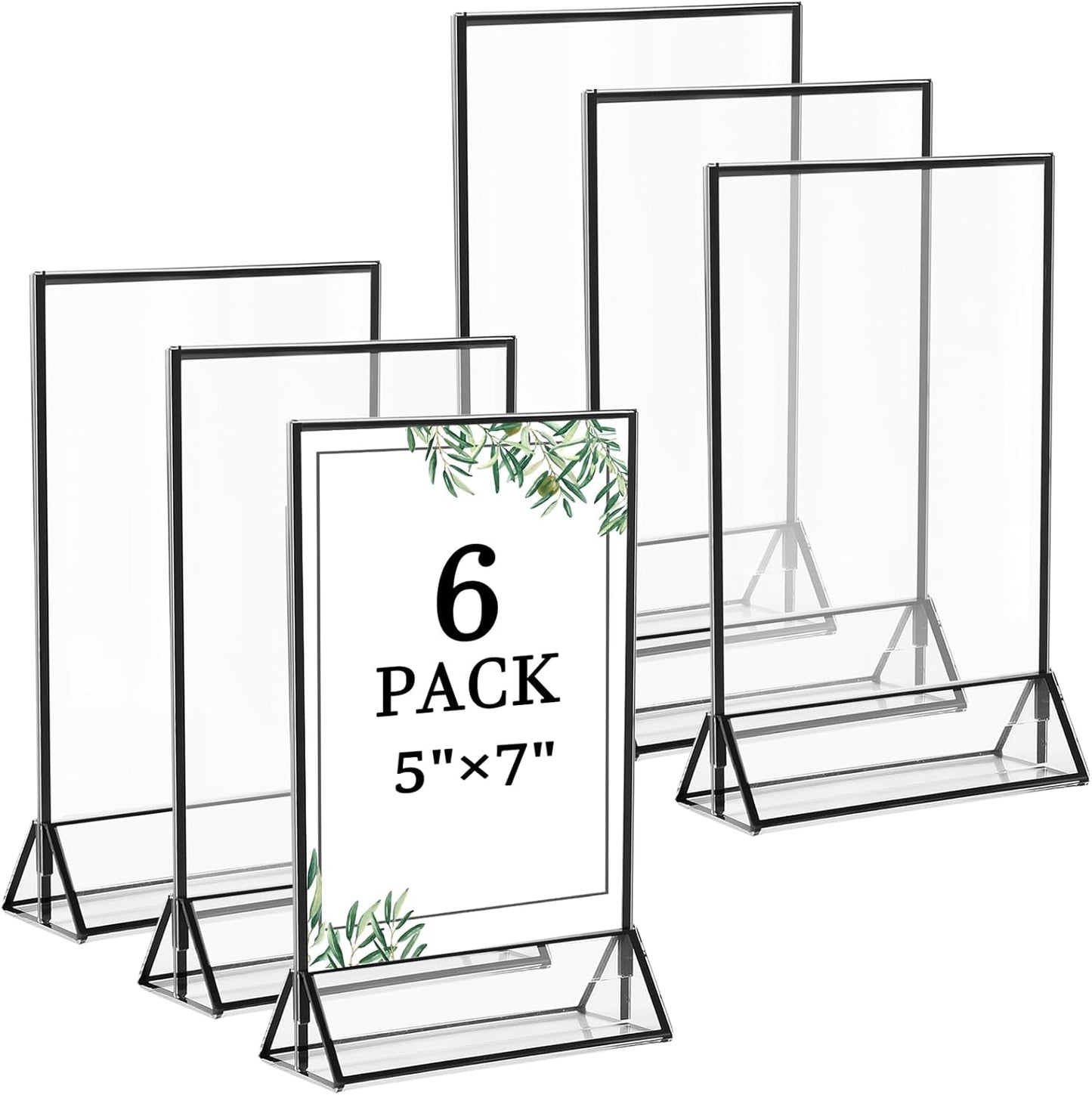 Floroom 6 Pack 5x7 Inch Clear Acrylic Sign Holders, Double-Sided Black Display Stand Picture Frames for Table Numbers, Menus, Flyers, Weddings, and Offices