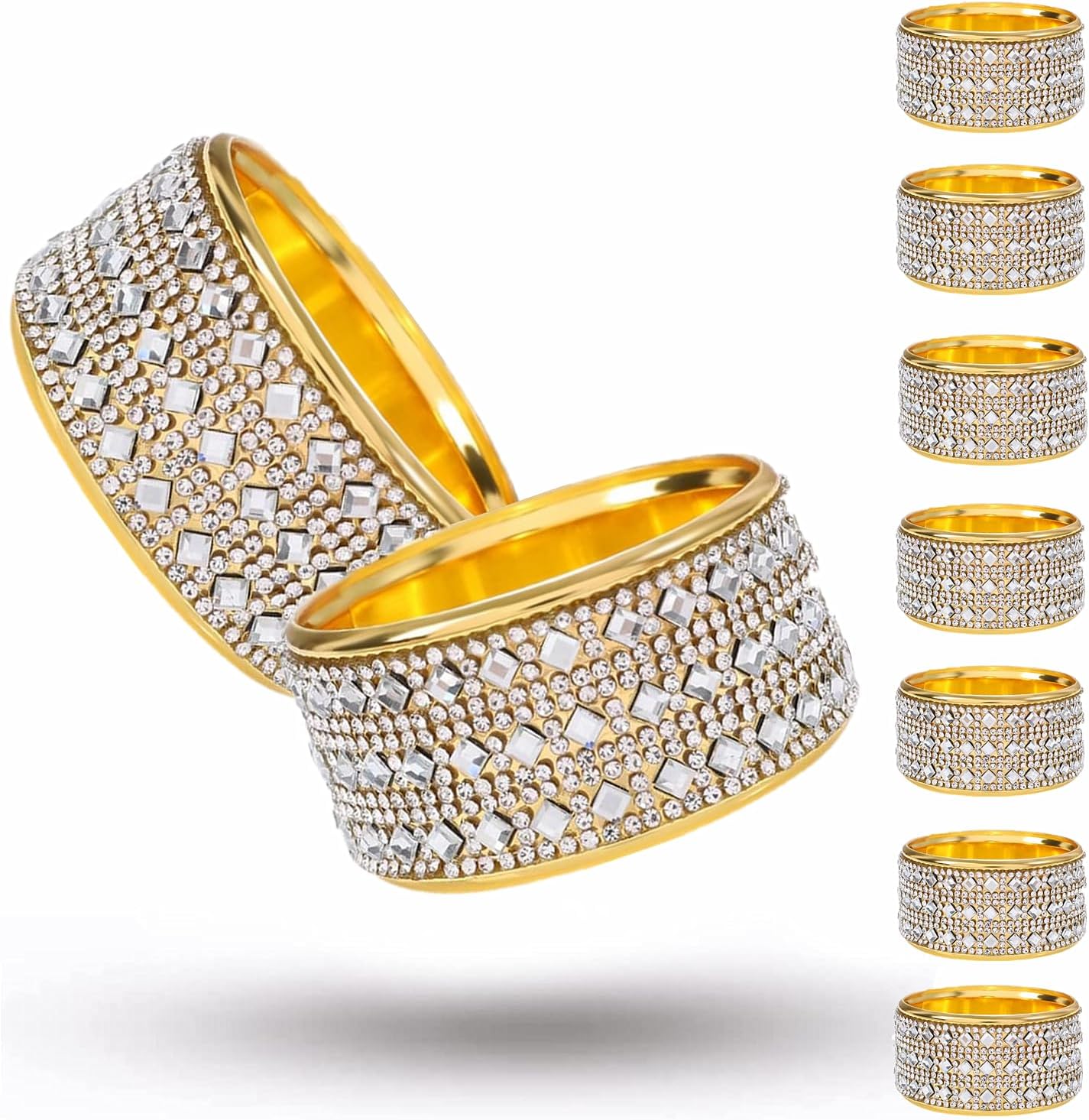 Rhinestone Napkin Ring Diamond Napkin Rings Stainless Steel Gold Crystal Napkin Holder Set of 6 for Dinner, Wedding, Party, Holiday, Banquet,Everyday Table Setting Home Decor (6, SilverGold)