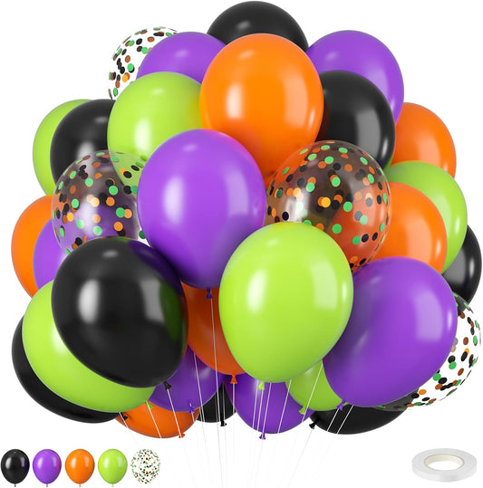 Purple Green Orange Balloons Set, 12inch Halloween Ballons Black Balloon Confetti Purple Green Orange Balloons For Girls Birthday Baby Shower Bridal Halloween Party Decorations