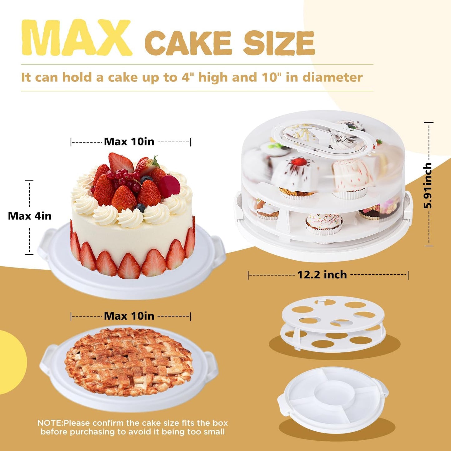Round Cupcake Carrier for Transport, Two Tier Cupcake Container with Lid and Handle, Multipurpose Cake Holder fits 10 inch Cake, Cupcake Box Holds 14 Standard Cupcakes,White