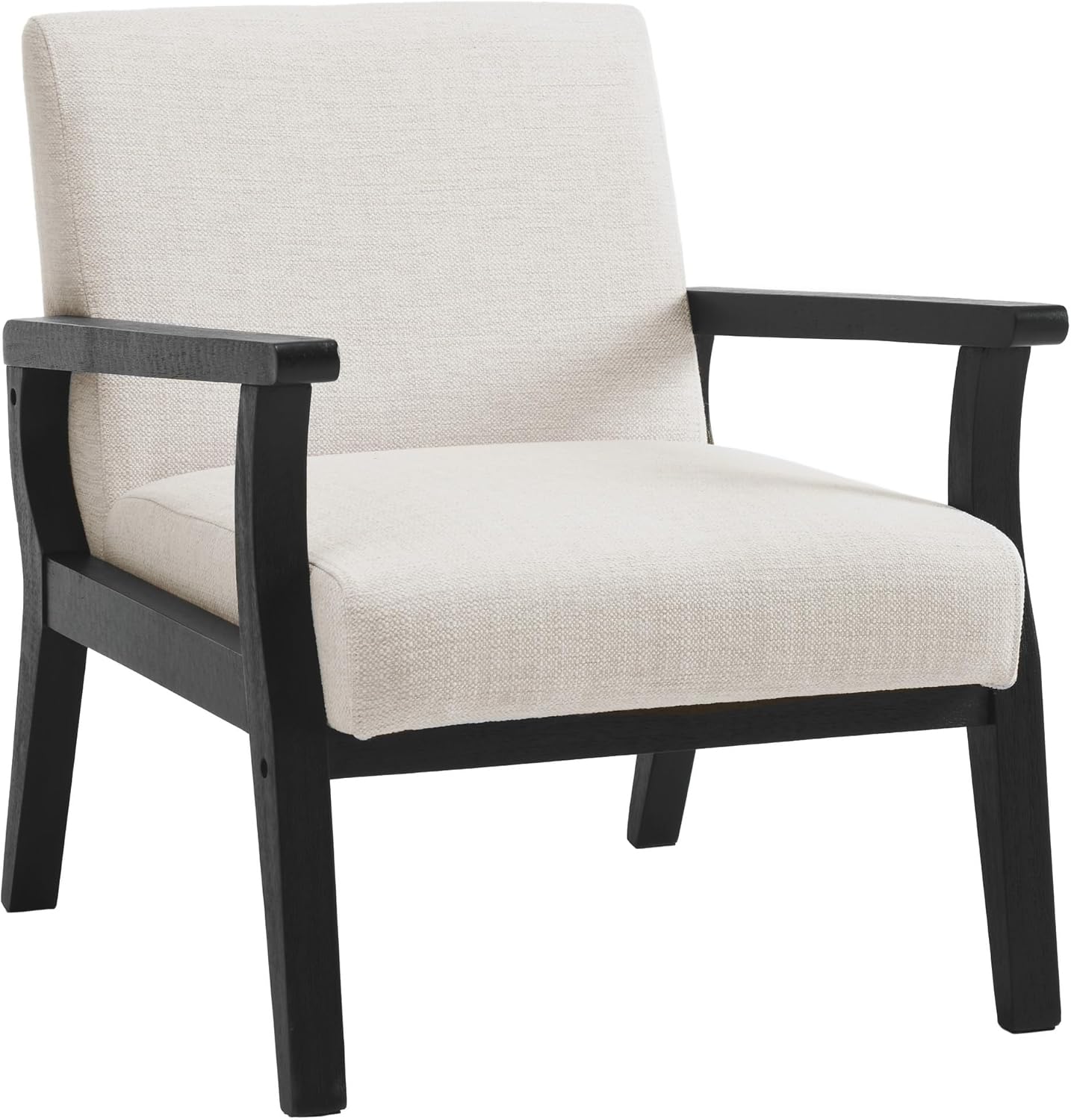 Mid Century Modern Accent Chair, Linen Upholstered Living Room Accent Armchair with Black Wood Frame, Farmhouse Chair Indoor Corner Chair for Living Room Bedroom, Beige