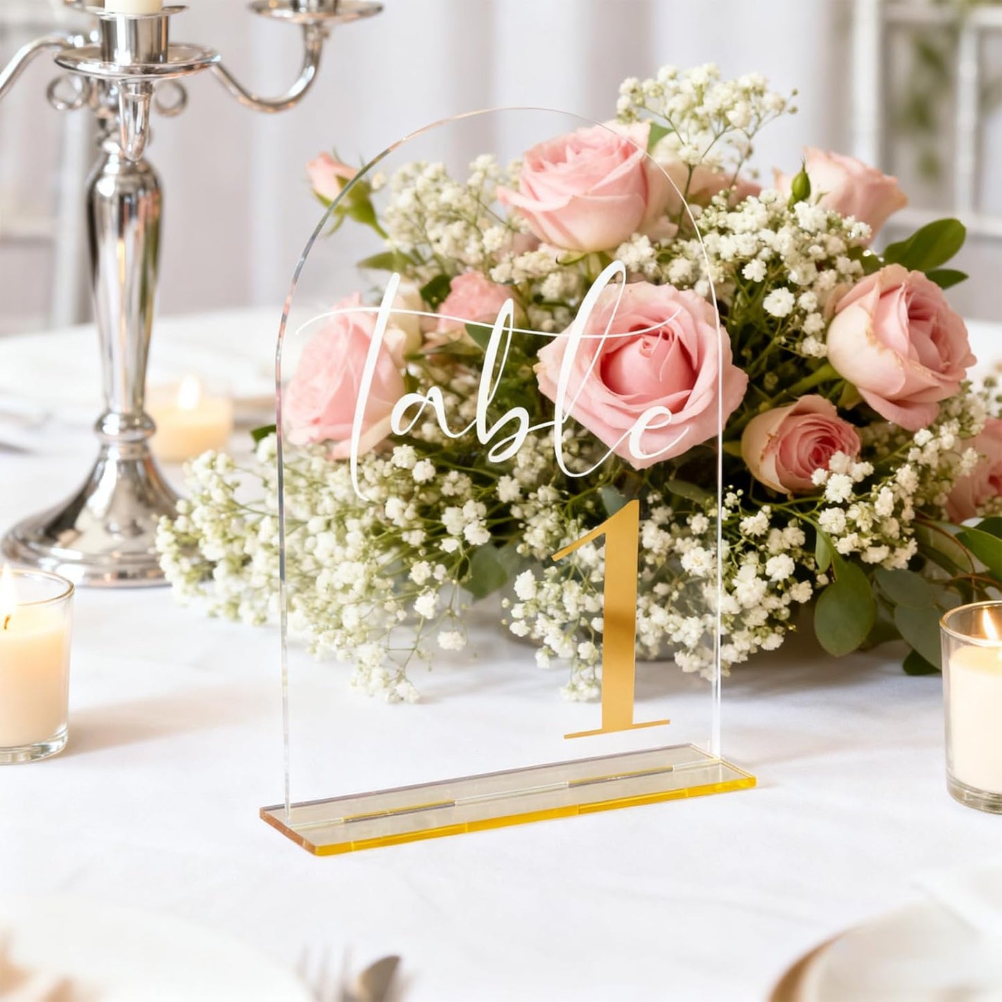 Arch Wedding Table Numbers 1-10 with Stands, 5” x 7” Elegant Acrylic Display Signs with Golden Text, Perfect Table Numbers for Wedding Reception, Centerpiece, Decoration, Party, Anniversary and Event