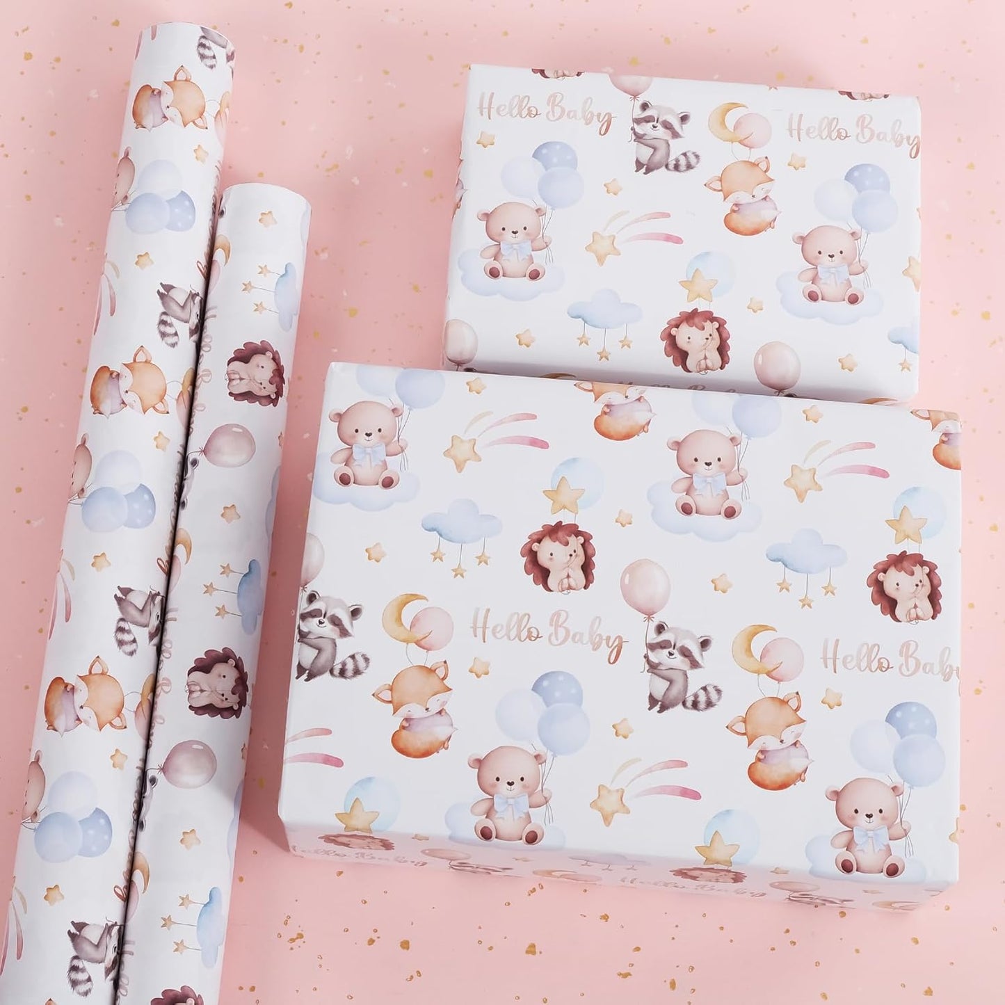 Aimyoo Baby Shower Wrapping Paper Roll - 17 Inch x 16.4 Feet - Cute Animal with Hello Baby Letter Design Perfect for Boys Girls, Birthday, Party