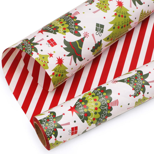 Ribbli Christmas Wrapping Paper Reversible Christmas Tree and Red White Stripe Gift Wrapping Paper-17 Inch x 33 Feet Per roll