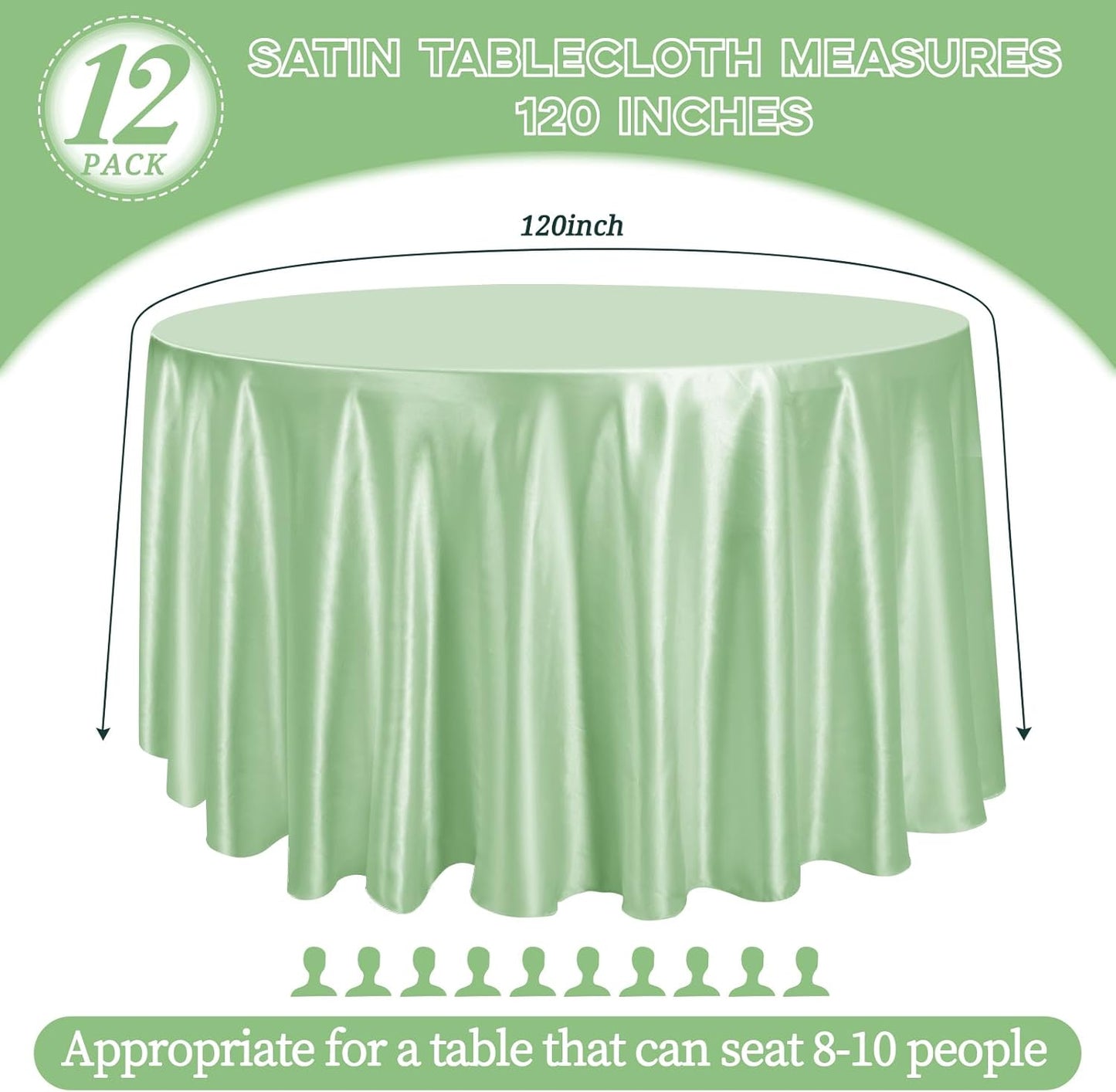 fani 12 Pack 120 Inch Sage Green Satin Tablecloth - Silky Round Tablecloth Overlay Smooth Fabric Table Cover, Bright Table Decoration for Wedding Party Banquet Events Restaurant Kitchen Dining