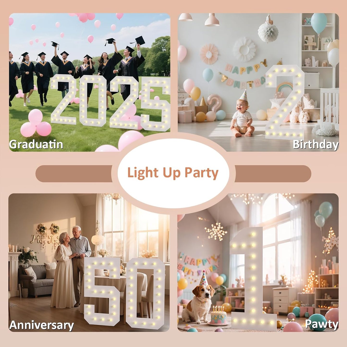 LOBOOM 4FT Light Up Numbers, Marquee Numbers 4 Feet Tall Giant Number 75 Mosaic Big Number Sign for 75th Birthday Party Backdrop Anniversary Decorations, Pre-Cut Large Frame