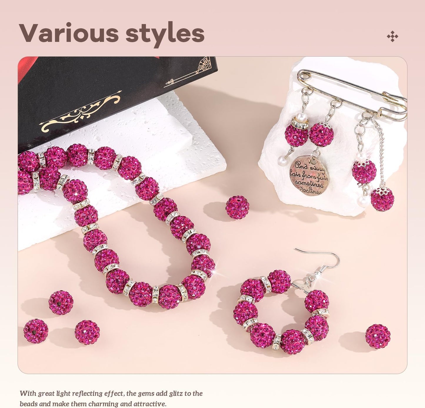 105pcs 10mm Rhinestone Beads for Jewelry Making, Champagne Pink Shiny Round Disco Ball Beads Bulk, Sparkle Crystal Clay Christmas for Bracelet Baseball Necklace Earring Crafting and DIY