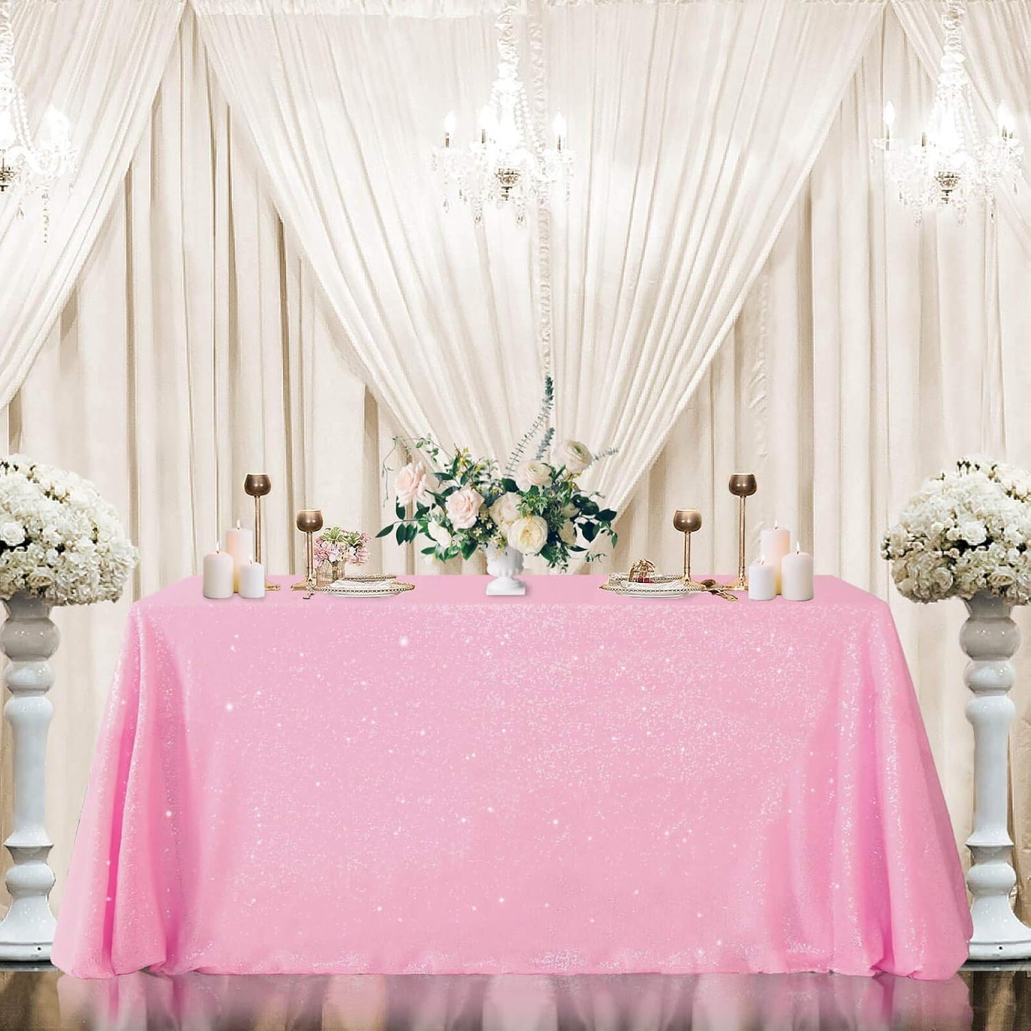 QueenDream Sparkly Sequin Tablecloth - Pink Table Cloth 50x80 Inches Rectangle Table Overlay Fabric for Birthday Parties Baby Shower Decoration