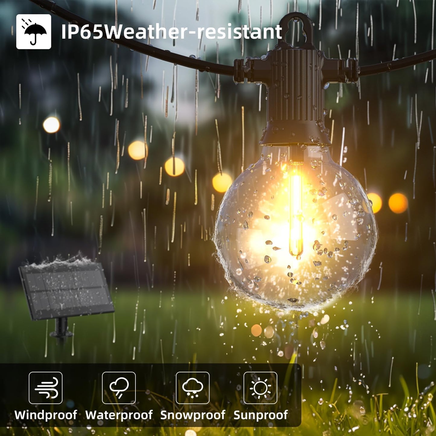 Kawaya Solar Powered String Lights for Outside, Outdoor IP65 Waterproof LED Patio Light with USB-Charging, Shatterproof Edison Hanging Lights for Bistro Yard Cafe Porch Camping (Solar-Power 100FT)