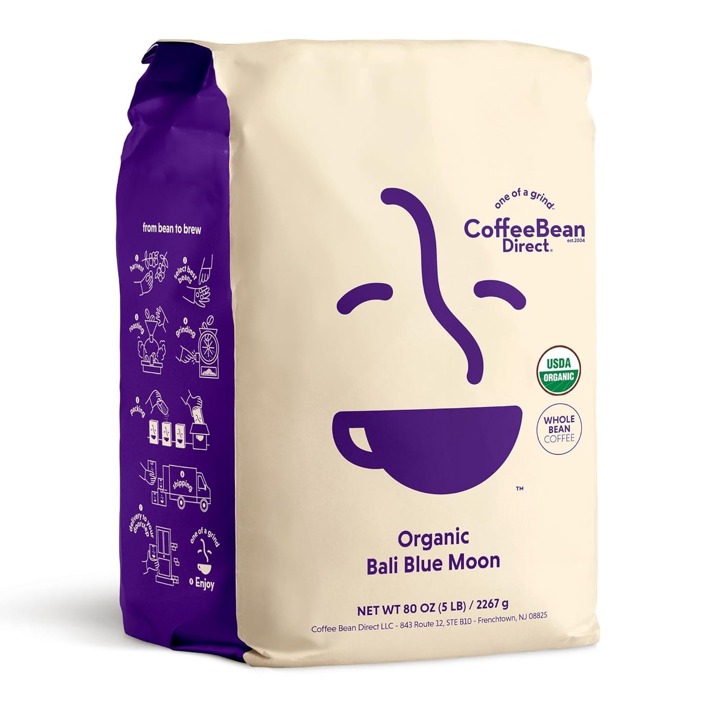 Coffee Bean Direct Organic Bali Blue Moon, Whole Bean Coffee, Light Roast, 5 Pound Bag (Pack of 1)