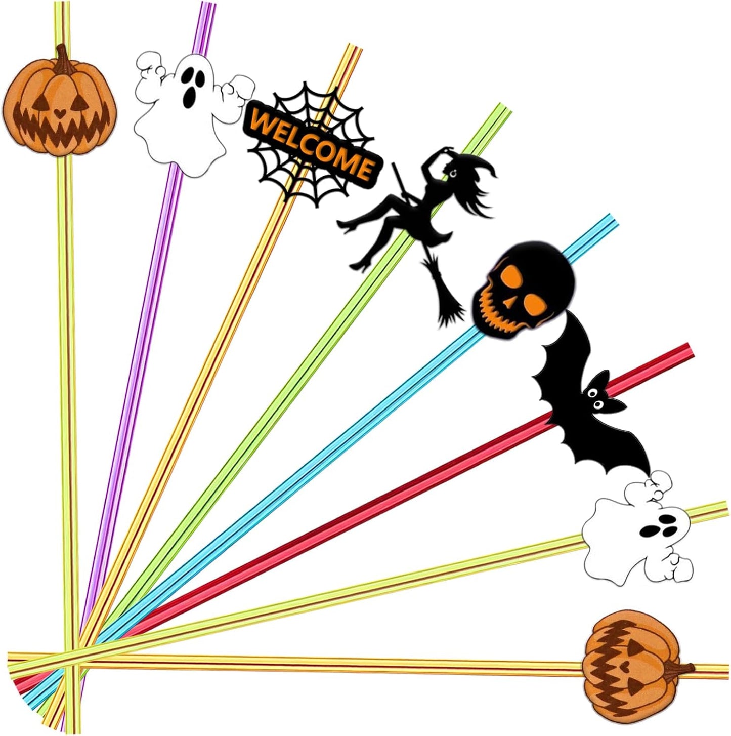 24 Pcs Halloween Party Favors - Reusable Plastic Crazy Straws with Bats, Pumpkin, Witch, Ghost Designs & 2 Cleaning Brushes - 6 Colors