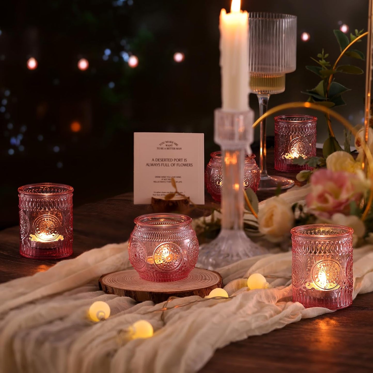 DARJEN 24Pcs Pink Votive Candle Holders- Glass Candle Holders Bulk for Flameless LED Tea Waxes, Romantic Candle Holder for Wedding Decor, Various Parties & Dinner Table