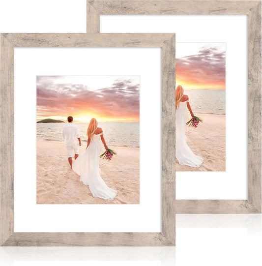 11x14 Picture Frame Set of 2 with Tempered Glass, Smoke Gray Frame Display 8x10 Picture with Mat or 11 x 14 Without Mat, Wooden Photo Frame for Horizontal or Vertical Wall Mount