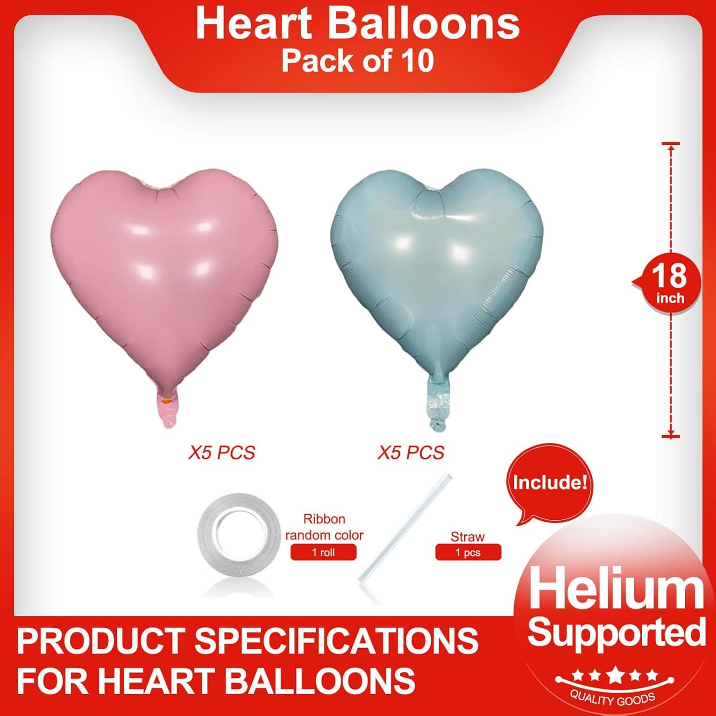 Pink Heart Shaped balloons Pack of 10,18 Inch Love Valentine Balloons Blue Heart Romantic Balloons For Valentines Day Propose Marriage Wedding Bridal Shower Engagement Party Decorations