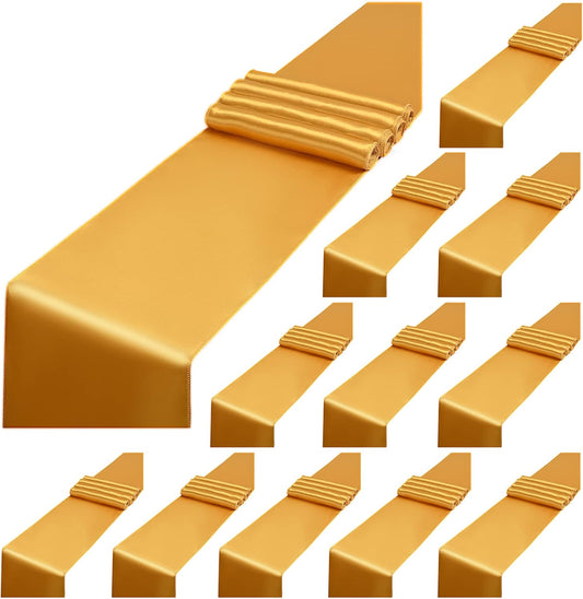 12 Pack Gold Satin Table Runner,12 x 108 inch Long Premium Smooth Table Runner for Wedding, Banquets, Birthday, Party, Graduation, Engagements, Table Runners fit Rectangle and Round Table