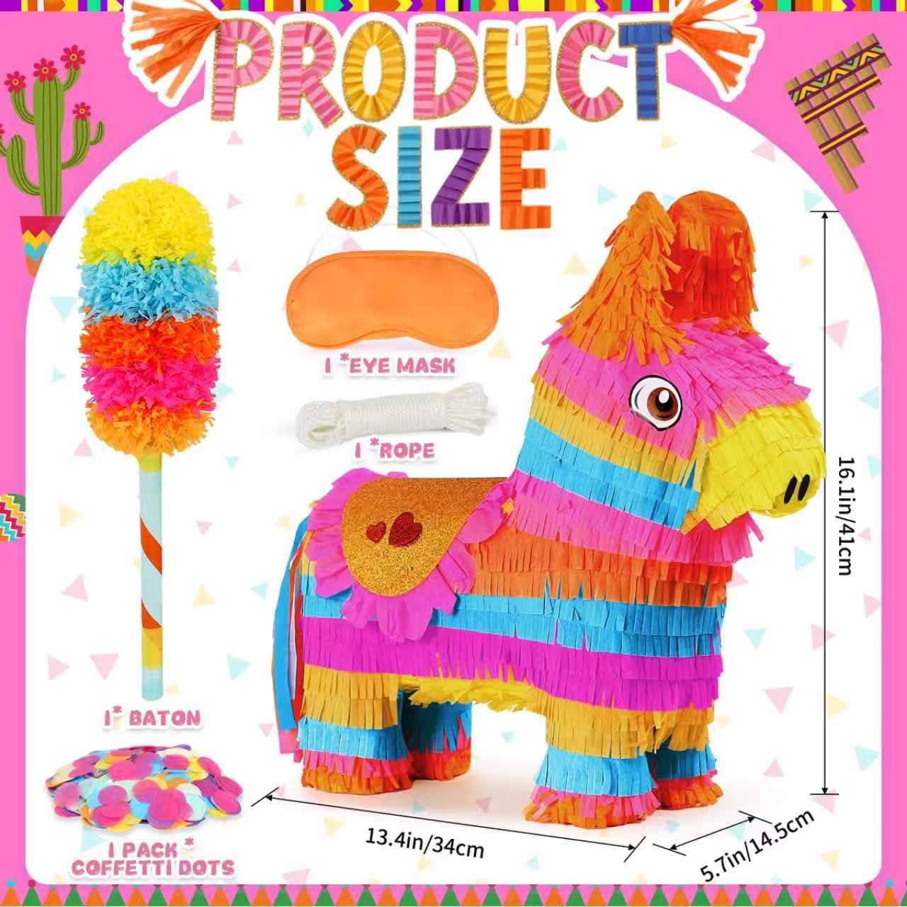 Cinco De Mayo Donkey Pinata with 24" Stick and Rope | Large Rainbow Piñata Decorations for Birthday Party, Taco Tuesday, Mexican Theme Fiesta (16 X 13.5 X 5.7 In)
