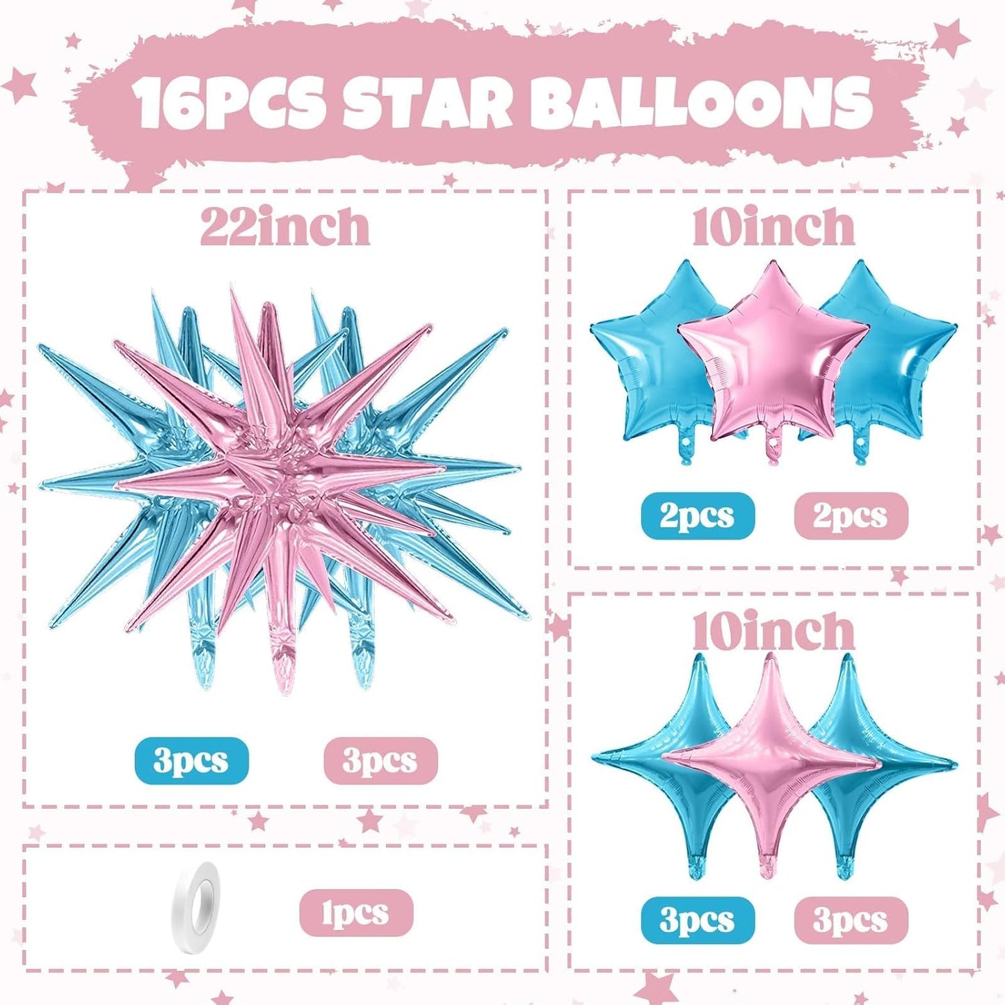 Pink Blue Star Balloon,16Pcs Star Foil Balloons Set with 22Inch Explosion Spike Cone Balloons and 10Inch Quadrangle Helium Balloon for Birthday Wedding Baby Shower Party Decorations