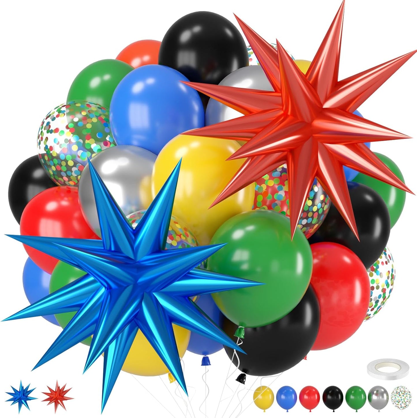 Black and Red Yellow Blue Balloons, 12 Inch Black Red Yellow Blue Green Metallic Silver Confetti Balloons with Star Foil Balloon for Boys Graduation Birthday Baby Shower Party Decorations