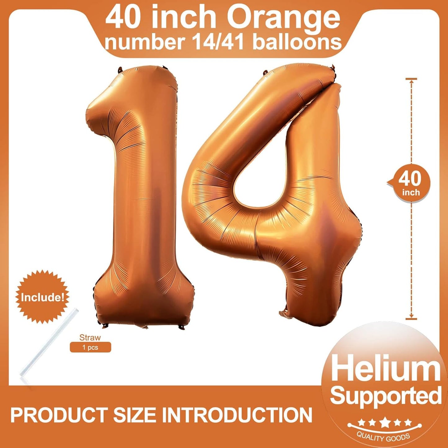 Number 14 Orange Balloons 40 Inch Giant Foil Helium for 14th Birthday Party Supplies 41st Anniversary Events Decorations