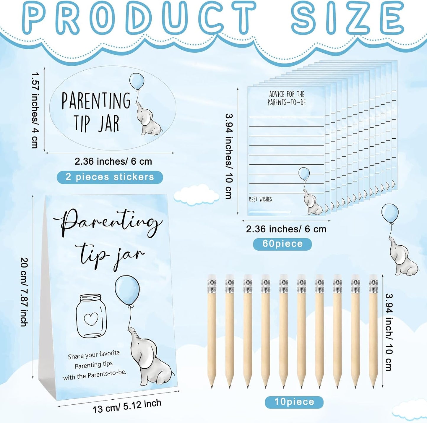 Roowest Baby Shower to Baby Advice Cards for New Parents to Be - Tip Jar Sign for New Parents 60 Parenting Advice Cards 10 HB Pencils 2 Cute Stickers 1 Pet Bottle for Guests Games(Blue Elephant)