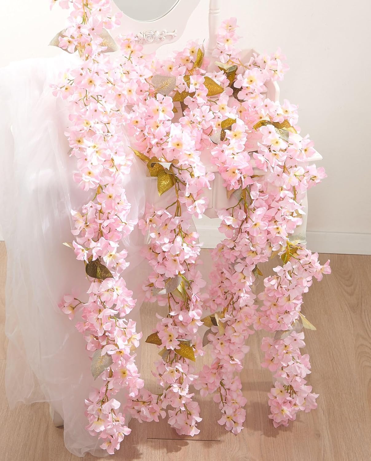 Flower Garland, Artificial Hydrangea Vine Flowers, Hanging Fake Hydrangeas Vine for Room Anniversary Wedding Birthday Christmas Wall Arch Decor, 2 Pcs, Floral Garland, Light Pink Flower