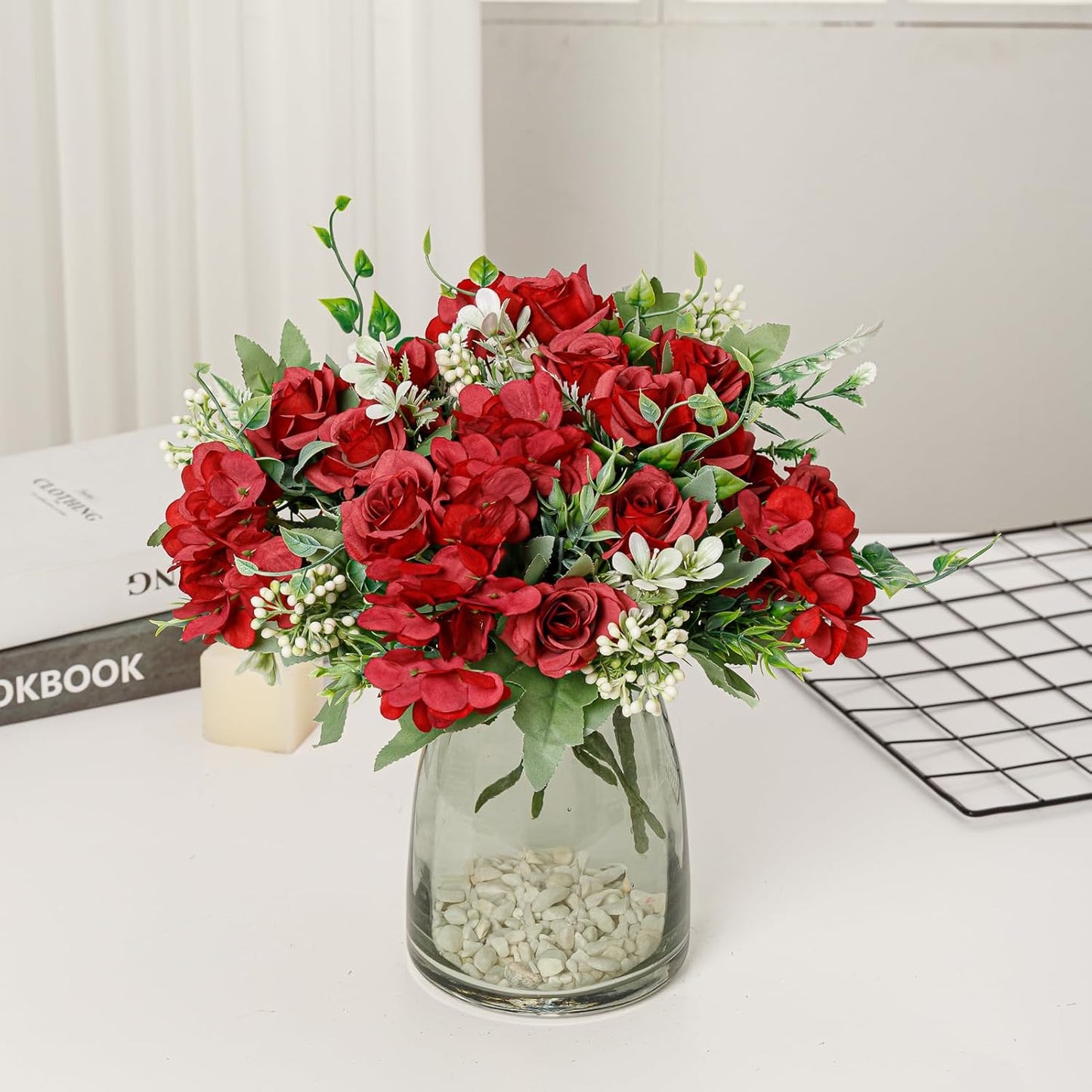 Artificial Flower 5 Branches Artificial Silk Fake Flowers Bouquet Small Roses for Wedding Home Office Tables Decor 2 Packs(Red)